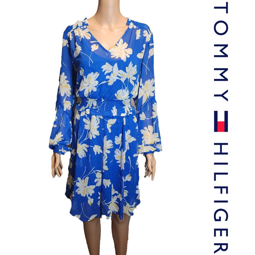 Tommy Hilfiger Camille Floral-Print Smock-Waist Dress NWT Blue Size 14